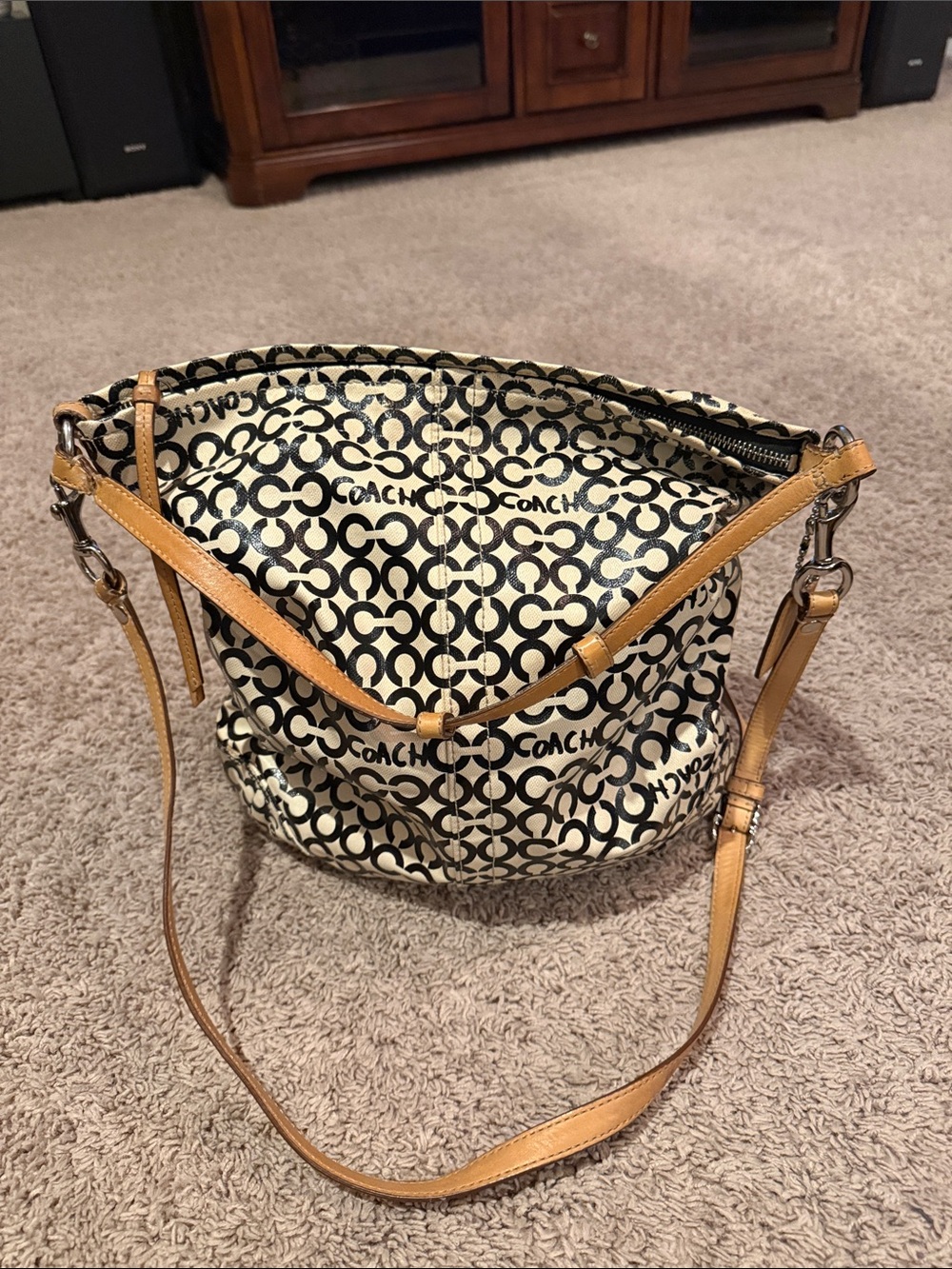Coach Cream & Black Signature Canvas Hobo with Tan Leather Strap
